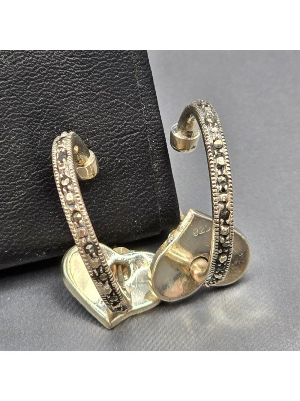 Sterling Silver Marcasite Heart Hoop Earrings Removable Charms 2 In 1 Style - Picture 6 of 13